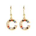 Golden letter C drop earrings with colorful rhinestones and fish hook closure for women - Letter C