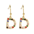 Gold letter D earrings with colorful rhinestones in a hip-hop streetwear style - Letter D