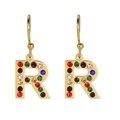 Boucles d'oreilles crochet lettre R dorée avec strass multicolores de style hip hop - Lettre R