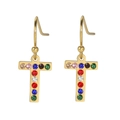 Boucles d'oreilles lettre T dorées style hip hop avec cristaux colorés et crochets - Lettre T