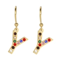 Boucles d'oreilles lettre Y dorées style hip-hop avec strass multicolores vifs - Lettre Y