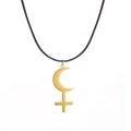 Gold stainless steel crescent moon cross pendant on black wax cord necklace - Gold