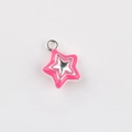 Detail view of pink enamel star charm with silver center for DIY jewelry making - Silver Base Rose Red