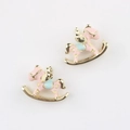 Detail showing a pair of pink enamel rocking horse charms with golden heart accents - Gold Base Pink