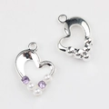 Detailed front and back view of silver heart pendant with purple zircons and pearls - Bright Silver With Purple Zirconia
