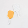 Detail shot of mini alloy tennis racket charms in yellow and white for DIY jewelry making - White Base Orange