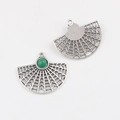 Macro view of hollow fan-shaped charms with green resin stone for DIY jewelry - Green