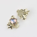 Detailed front and back view of gold heart pendant with fishtail and starfish charms - Gold Base Pink Purple