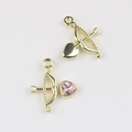 Detailed view of cupid arrow pendants with pink heart crystal for DIY jewelry - Gold Pink Zirconia