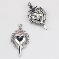 Detailed front and back view of alloy heart pendant with pink zircon and sword design - Silver / Pink