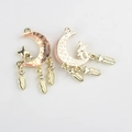 Macro shot of gold alloy moon pendants with resin inlay and metal feather for DIY jewelry - Gold Base Pink