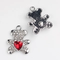 Detail of bear charms with red heart crystals and sparkling zircons for jewelry making - Silver Red