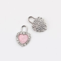 Detailed front and back view of silver alloy heart lock pendant with pink inlay and crystals - Silver Pink