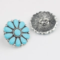Detail view of turquoise flower buttons with retro silver metal base for DIY accessories - Silver & Blue