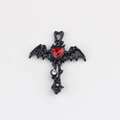 Gothic black bat wing cross pendant with red heart gemstone and zircon details - Black Red