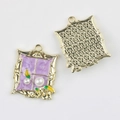 Detail showing the intricate floral enamel and pearl inlay on a gold window-frame pendant - Square Gold Purple Plate
