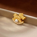 Golden rocking horse brooch with large pearl and sparkling zircon crystal accents - 18K Gold