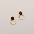 Matte gold hoop earrings with dark red oval enamel studs in minimalist retro style - Matte Gold And Wine Red