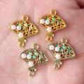 Golden fan-shaped connectors with green enamel and pearl for DIY jewelry making - Random Mix