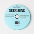 Detail of light blue acrylic music CD pendant with GOODDAY text and pre-drilled hole - Blue