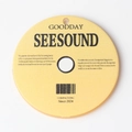 Macro shot of gold acrylic CD record pendant with SEESOUND engraving and hanging hole - Yellow