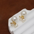 Elegantes pendientes de clip con doble perla dorada para mujer de estilo vintage chic - Oro 14k (Clip de Oreja)