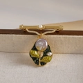Vintage Baroque floral brooch with lavender pearl and green enamel leaves in gold - Baroque Flower Style / 16K Gold Purple