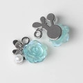 Detailed view of light blue resin rose charms with pearls and silver metal loops for DIY - Silver Base Blue