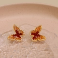 Boucles d'oreilles papillon dorées avec mosaïque de cristaux orange et zircons - Tige en argent 925 / Plaqué Or 18K Champagne et Rouge Vin