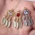 Minimalist dreamcatcher pendant with heart-shaped zircon and feathers for DIY jewelry - Mixed Colors