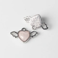Detailed view of pink glitter heart wing charms for DIY jewelry making with front and back sides - Silver Pink