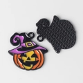 Macro view of enamel Halloween pumpkin pendant with witch hat showing front and back texture - Pumpkin