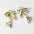 Detail of gold alloy bamboo leaf and flower pendants with green enamel and zircons - Green Gradient Bamboo Leaf with White Flower / Gold