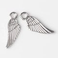 Macro detail of polished silver alloy wing pendants with textured feather design for DIY jewelry - Silver