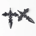 Detailed front and back view of gothic bat wing cross pendant with black bead inlay - Black