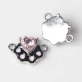 Macro view of cat paw connectors with pink heart crystal and enamel for DIY jewelry - Silver Base