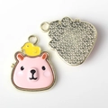 Detail of pink bear charm with yellow duck and star textured gold metal back - Gold Base