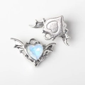 Detail of gothic heart-shaped bat wing pendant with iridescent zircon stone inlay - Silver Base Blue Stone