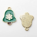 Detailed front and back view of green enamel Christmas bell charms with white snowflakes - Green Bell Gold Base