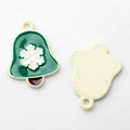 Detailed front and back view of green enamel Christmas bell charms with snowflake motif - Green Bell White Base