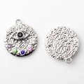 Detailed view of hammered texture and colorful evil eye pendant with crystal settings - Multicolor Silver