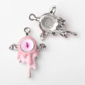 Detailed front and back view of creative pink dripping eye pendant with silver wings - Pink