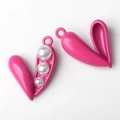 Detail of pink alloy pea pod pendant with three white pearls for DIY jewelry making - Magenta White Pearl