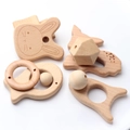 Kit de dentition en bois naturel pour bébé avec formes de lapin, poisson et perles polies - Mélange aléatoire / Couleur bois naturel