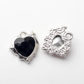 Gothic heart pendant featuring black gemstone and silver alloy back with hammered texture - Silver Base Black Rhinestone