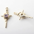 Detail of two gold-plated cross pendants with square purple zircon and textured design - Gold Base Purple Zirconia