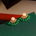 Pendientes abanico de plata 925 con calcedonia verde, perla y borlas de cuentas - Estilo Ágata Verde (Perla Artificial 8#) / Bañado en Oro de 18k Verde