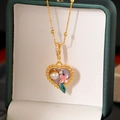 Golden heart necklace with pearl and pink flower detail in vintage oil painting style - 18K Gold Purple Heart Flower Necklace
