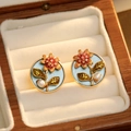 Boucles d'oreilles tournesol en émail vintage avec perle et cristal doré poli - Or 18K Vert Mat (Tige en Argent 925)