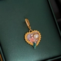 Vintage heart pendant with purple floral motif and pearl on green leather - 18K Gold Purple Heart Flower Pendant Only (Without Chain)